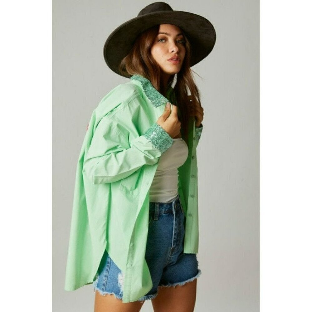 Made My Day Smile Sequin Outline Patch Shirt in Apple Green - Picture 5 of 8